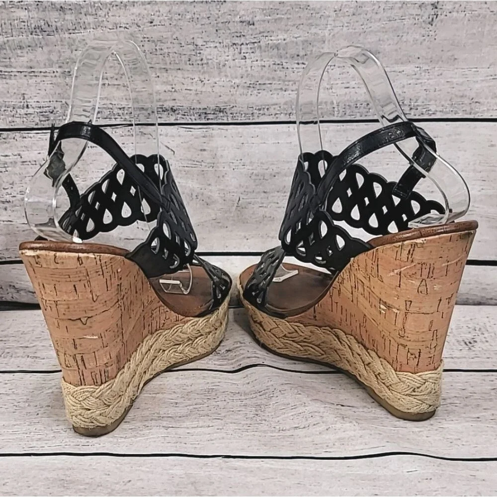 Montego Bay Club Black Cork Strappy Wedge Penny Penny Womens Size 8.5
